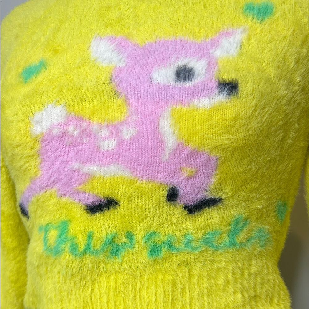 Urban Outfitters Neon Yellow Fuzzy Crop Sweater with Pink Deer Motif Kawaii Y2K - Picture 5 of 6